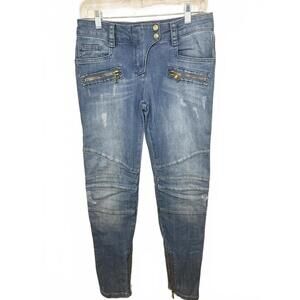 Balmain Paris Slim Fit Biker Jeans Medium Wash Gold Lion Buttons Size 28